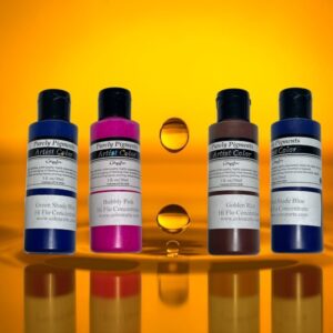 . a "Vibranz" HI-FloAcrylic Paint "Color Concentrate " |4-PC Mini Sample set 1-oz bottles , Red shade Blue, Golden Rust, Green Shade Blue, Fragipani
